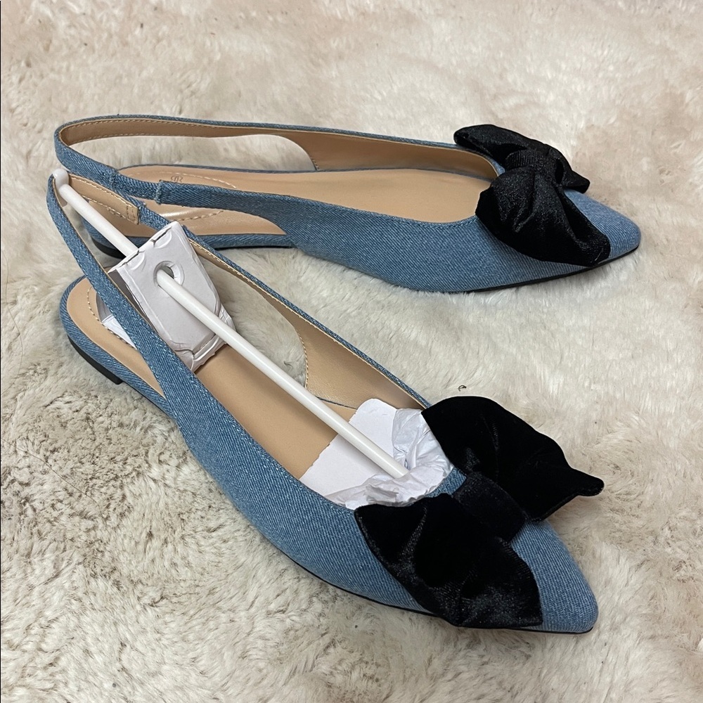 Bandolino Simona Denim Pointy Slingback Flats with Black Velvet Bow - Picture 5 of 8